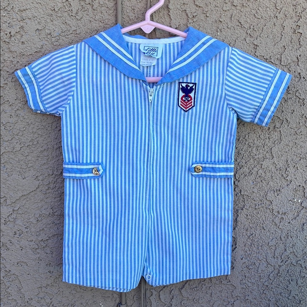 Vintage Little Bit Blue Striped Sailor Suit Nautical Kids One Piece Sz 3/6M